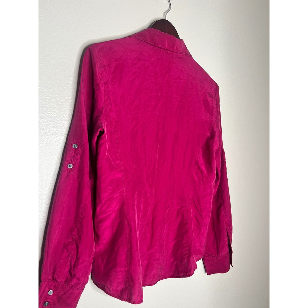 Express Vintage 100% Silk Magenta Pink Roll Tab Button Down Shirt Long Sleeve - Picture 7 of 8